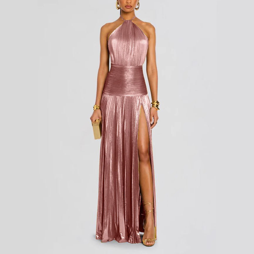 Metallic Pleated Halter Neck Slit Backless Long Dress