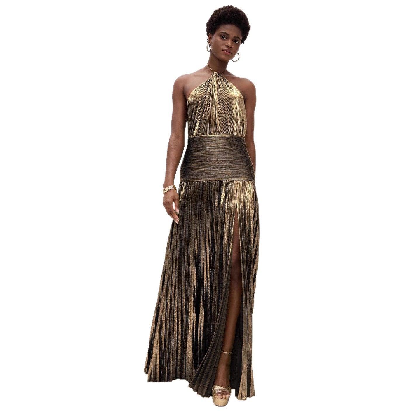 Metallic Pleated Halter Neck Slit Backless Long Dress