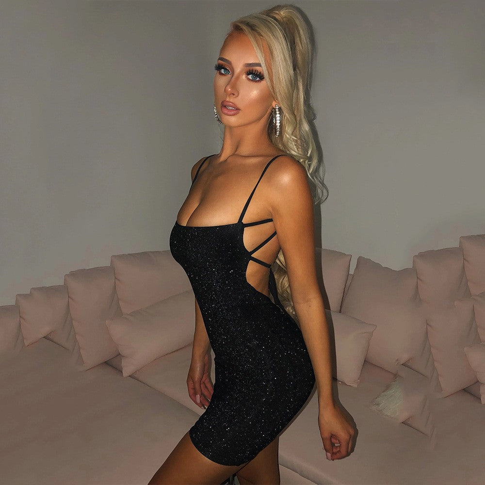 Metallic sequined halter top and high-waisted skirt