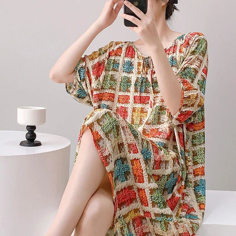 Mianchui Shijia 2026 Summer Thin Short-Sleeve Nightgown for Women, Loose Plus Size, Can Be Worn Outside, Home Wear, Artificial Cotton Dress