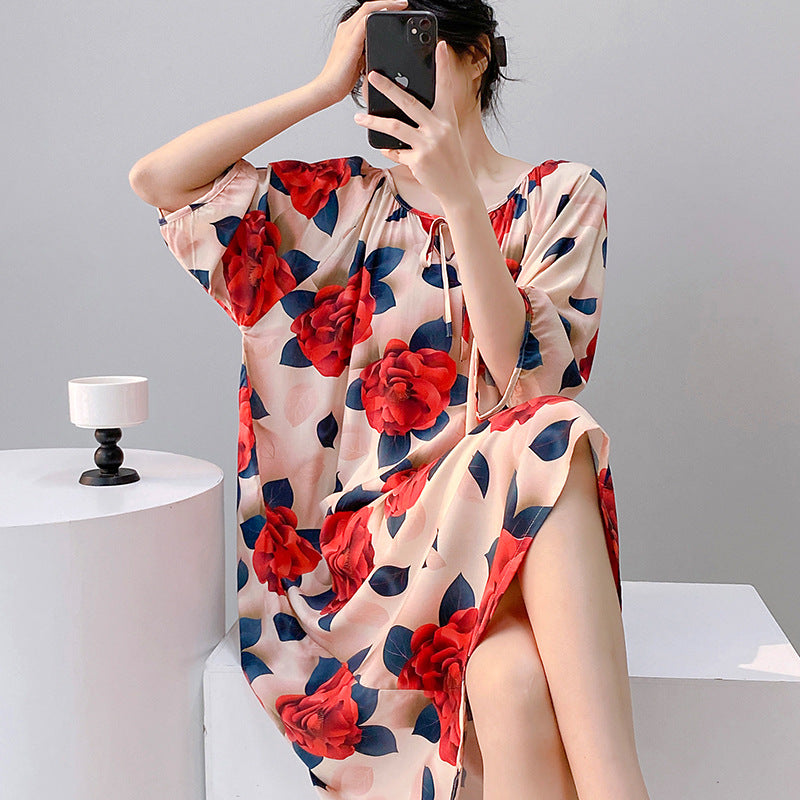 Mianchui Shijia 2026 Summer Thin Short-Sleeve Nightgown for Women, Loose Plus Size, Can Be Worn Outside, Home Wear, Artificial Cotton Dress