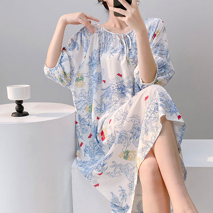 Mianchui Shijia 2026 Summer Thin Short-Sleeve Nightgown for Women, Loose Plus Size, Can Be Worn Outside, Home Wear, Artificial Cotton Dress