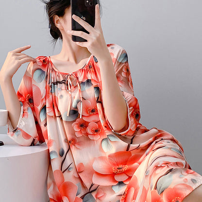 Mianchui Shijia 2026 Summer Thin Short-Sleeve Nightgown for Women, Loose Plus Size, Can Be Worn Outside, Home Wear, Artificial Cotton Dress