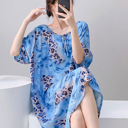 Mianchui Shijia 2026 Summer Thin Short-Sleeve Nightgown for Women, Loose Plus Size, Can Be Worn Outside, Home Wear, Artificial Cotton Dress