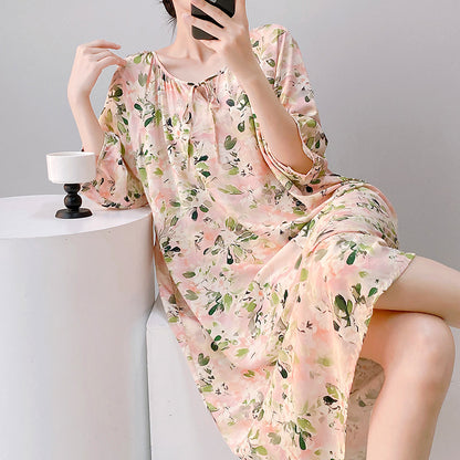 Mianchui Shijia 2026 Summer Thin Short-Sleeve Nightgown for Women, Loose Plus Size, Can Be Worn Outside, Home Wear, Artificial Cotton Dress