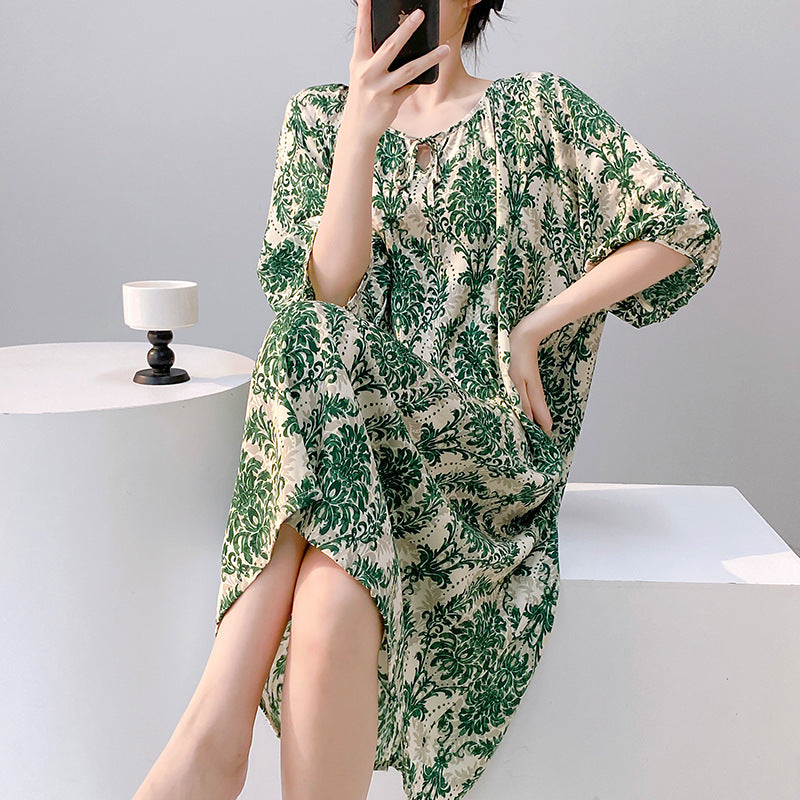 Mianchui Shijia 2026 Summer Thin Short-Sleeve Nightgown for Women, Loose Plus Size, Can Be Worn Outside, Home Wear, Artificial Cotton Dress