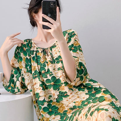 Mianchui Shijia 2026 Summer Thin Short-Sleeve Nightgown for Women, Loose Plus Size, Can Be Worn Outside, Home Wear, Artificial Cotton Dress