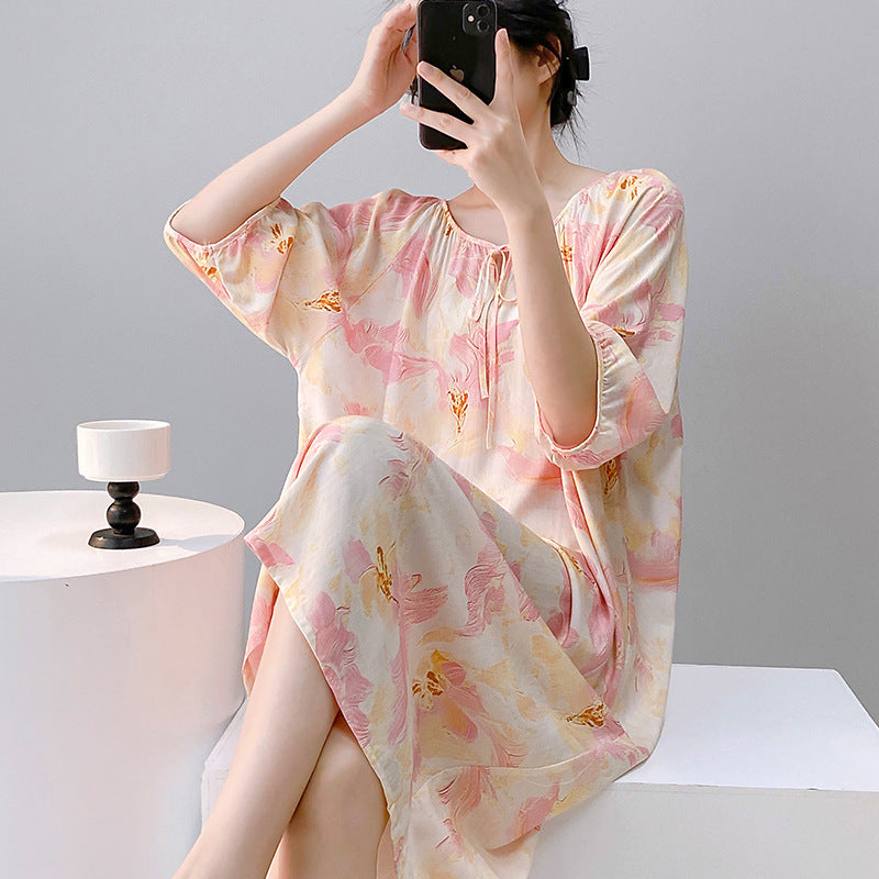 Mianchui Shijia 2026 Summer Thin Short-Sleeve Nightgown for Women, Loose Plus Size, Can Be Worn Outside, Home Wear, Artificial Cotton Dress