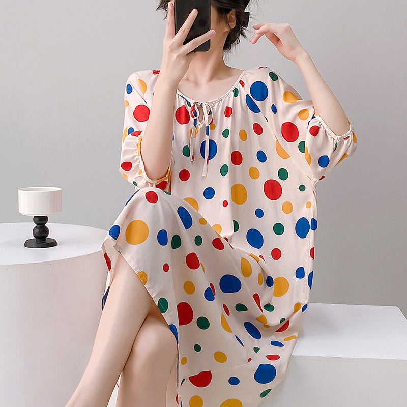 Mianchui Shijia 2026 Summer Thin Short-Sleeve Nightgown for Women, Loose Plus Size, Can Be Worn Outside, Home Wear, Artificial Cotton Dress