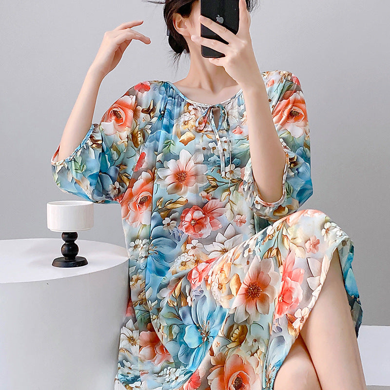 Mianchui Shijia 2026 Summer Thin Short-Sleeve Nightgown for Women, Loose Plus Size, Can Be Worn Outside, Home Wear, Artificial Cotton Dress