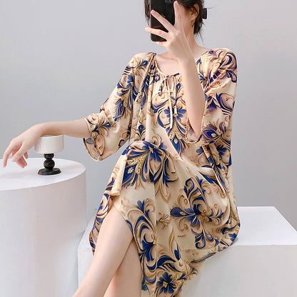 Mianchui Shijia 2026 Summer Thin Short-Sleeve Nightgown for Women, Loose Plus Size, Can Be Worn Outside, Home Wear, Artificial Cotton Dress