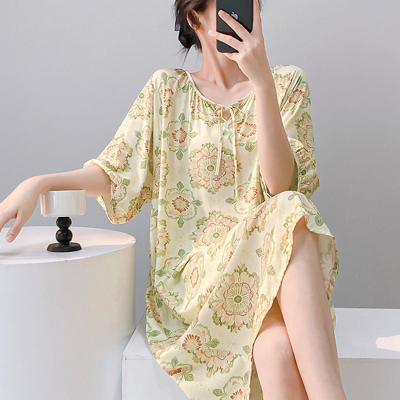 Mianchui Shijia 2026 Summer Thin Short-Sleeve Nightgown for Women, Loose Plus Size, Can Be Worn Outside, Home Wear, Artificial Cotton Dress
