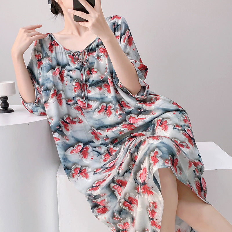 Mianchui Shijia 2026 Summer Thin Short-Sleeve Nightgown for Women, Loose Plus Size, Can Be Worn Outside, Home Wear, Artificial Cotton Dress