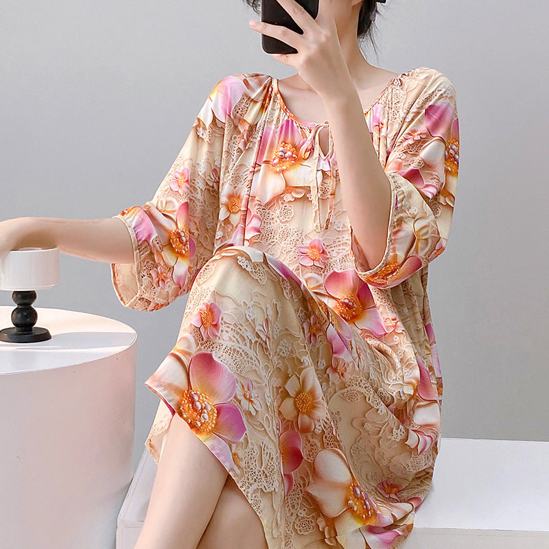 Mianchui Shijia 2026 Summer Thin Short-Sleeve Nightgown for Women, Loose Plus Size, Can Be Worn Outside, Home Wear, Artificial Cotton Dress