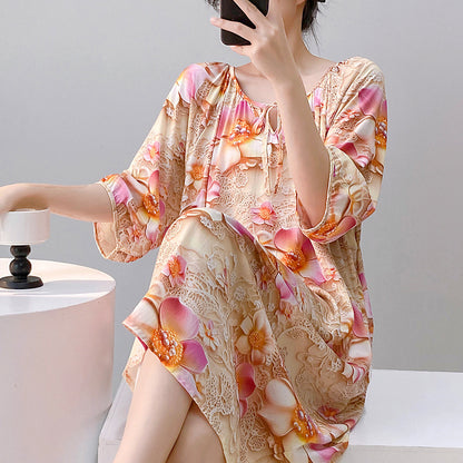 Mianchui Shijia 2026 Summer Thin Short-Sleeve Nightgown for Women, Loose Plus Size, Can Be Worn Outside, Home Wear, Artificial Cotton Dress