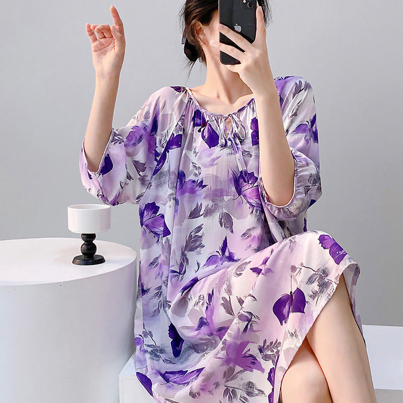 Mianchui Shijia 2026 Summer Thin Short-Sleeve Nightgown for Women, Loose Plus Size, Can Be Worn Outside, Home Wear, Artificial Cotton Dress