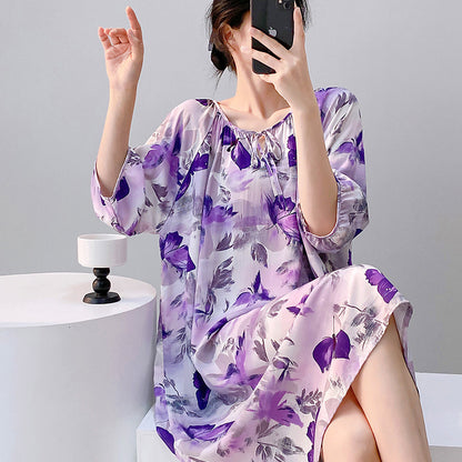 Mianchui Shijia 2026 Summer Thin Short-Sleeve Nightgown for Women, Loose Plus Size, Can Be Worn Outside, Home Wear, Artificial Cotton Dress