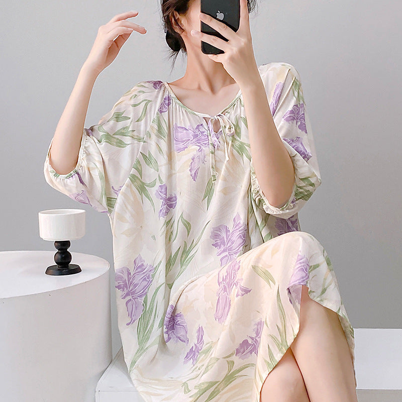 Mianchui Shijia 2026 Summer Thin Short-Sleeve Nightgown for Women, Loose Plus Size, Can Be Worn Outside, Home Wear, Artificial Cotton Dress