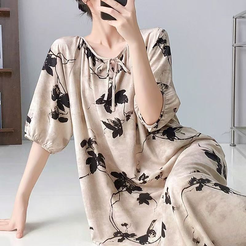 Mianchui Shijia 2026 Summer Thin Short-Sleeve Nightgown for Women, Loose Plus Size, Can Be Worn Outside, Home Wear, Artificial Cotton Dress