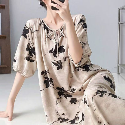 Mianchui Shijia 2026 Summer Thin Short-Sleeve Nightgown for Women, Loose Plus Size, Can Be Worn Outside, Home Wear, Artificial Cotton Dress