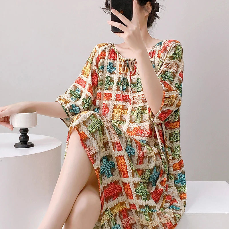 Mianchui Shijia 2026 Summer Thin Short-Sleeve Nightgown for Women, Loose Plus Size, Can Be Worn Outside, Home Wear, Artificial Cotton Dress
