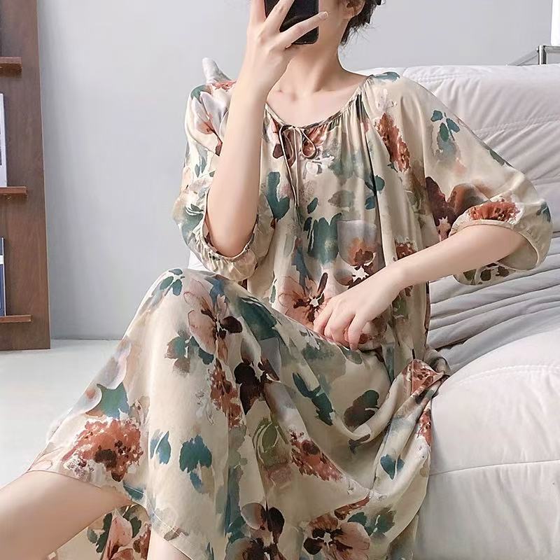 Mianchui Shijia 2026 Summer Thin Short-Sleeve Nightgown for Women, Loose Plus Size, Can Be Worn Outside, Home Wear, Artificial Cotton Dress