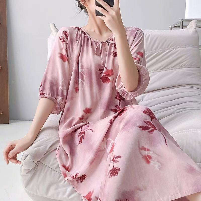 Mianchui Shijia 2026 Summer Thin Short-Sleeve Nightgown for Women, Loose Plus Size, Can Be Worn Outside, Home Wear, Artificial Cotton Dress