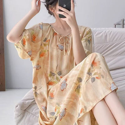 Mianchui Shijia 2026 Summer Thin Short-Sleeve Nightgown for Women, Loose Plus Size, Can Be Worn Outside, Home Wear, Artificial Cotton Dress