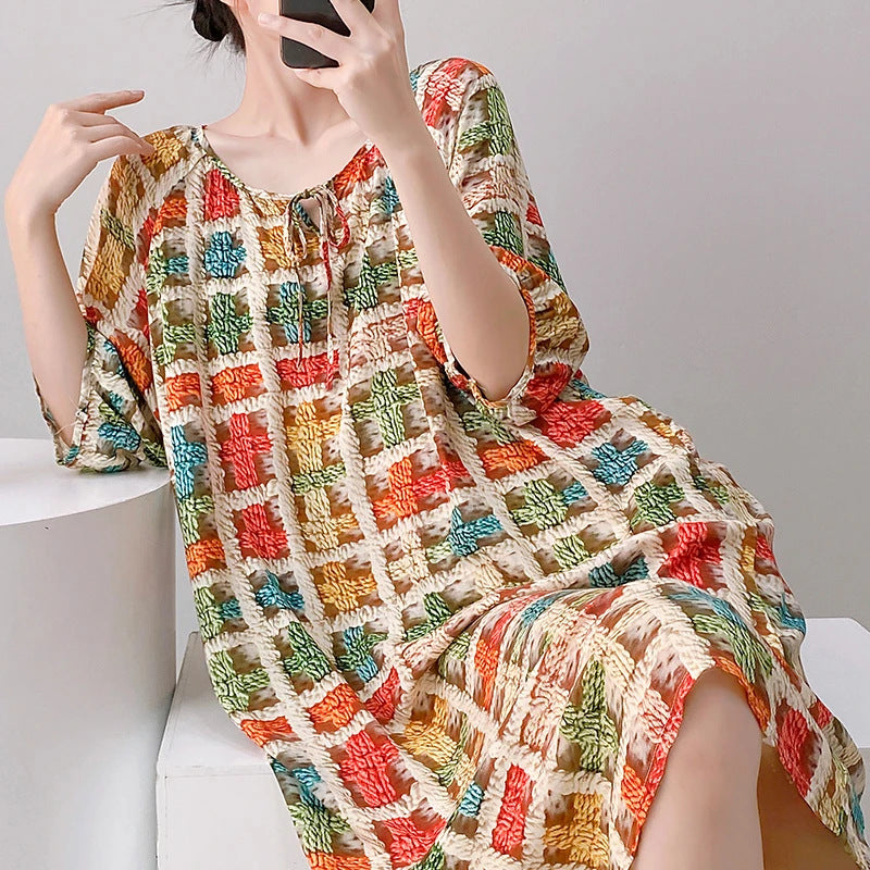 Mianchui Shijia 2026 Summer Thin Short-Sleeve Nightgown for Women, Loose Plus Size, Can Be Worn Outside, Home Wear, Artificial Cotton Dress