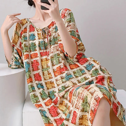 Mianchui Shijia 2026 Summer Thin Short-Sleeve Nightgown for Women, Loose Plus Size, Can Be Worn Outside, Home Wear, Artificial Cotton Dress