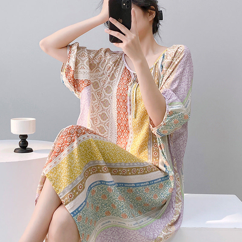 Mianchui Shijia 2026 Summer Thin Short-Sleeve Nightgown for Women, Loose Plus Size, Can Be Worn Outside, Home Wear, Artificial Cotton Dress