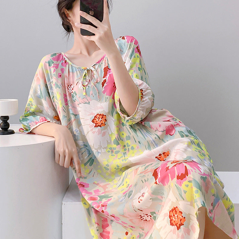 Mianchui Shijia 2026 Summer Thin Short-Sleeve Nightgown for Women, Loose Plus Size, Can Be Worn Outside, Home Wear, Artificial Cotton Dress