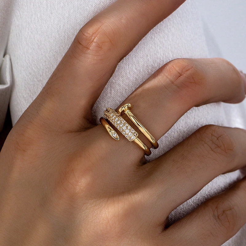 Micro-Paved Zircon Three-Ring Nail Open Ring