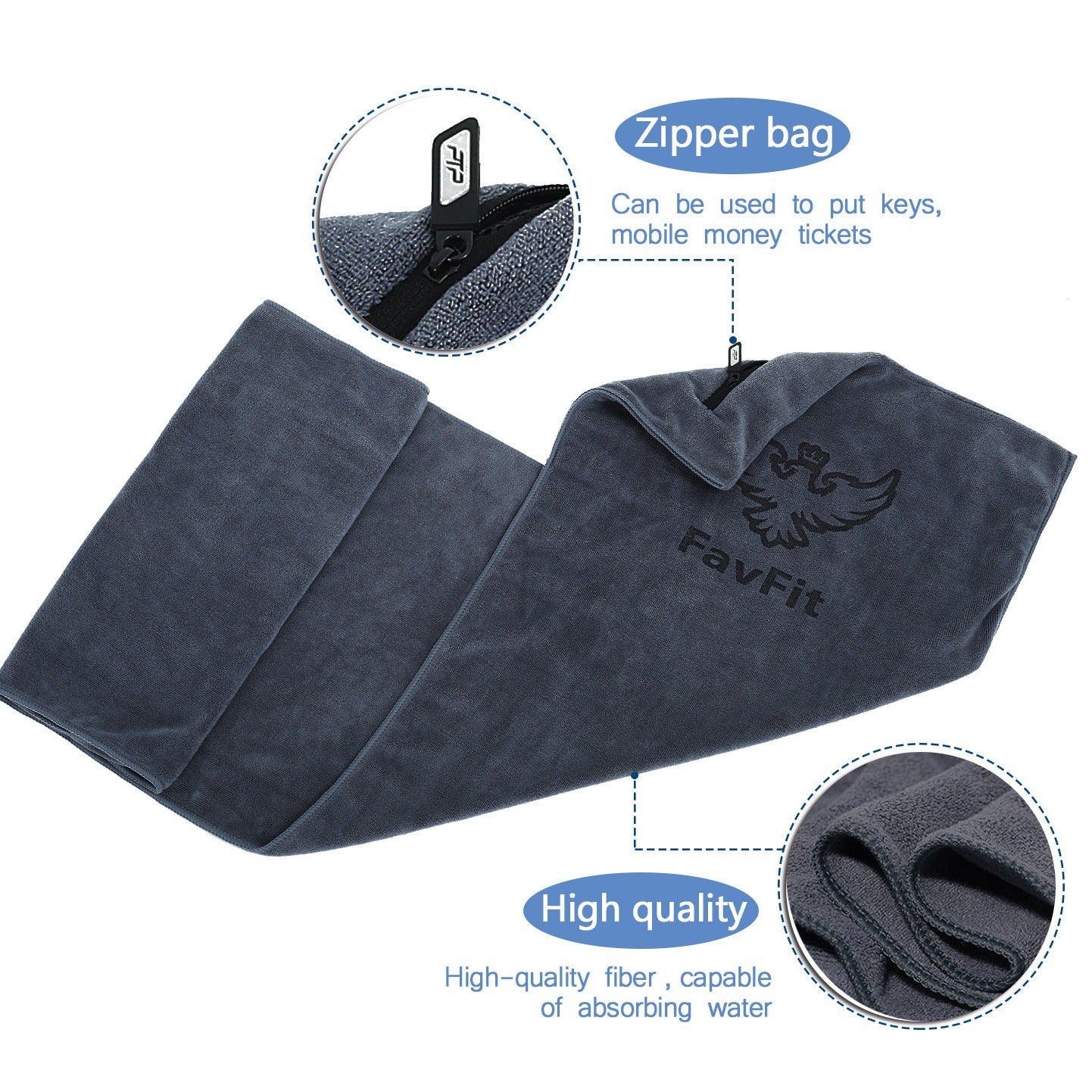 Microfiber Gym Towel with Zipper Pocket