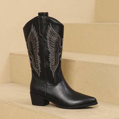 Mid-Calf Embroidered Denim Cowboy Boots