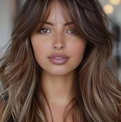 Mid-part wig, fashionable long hair, brown long curly hair, large waves