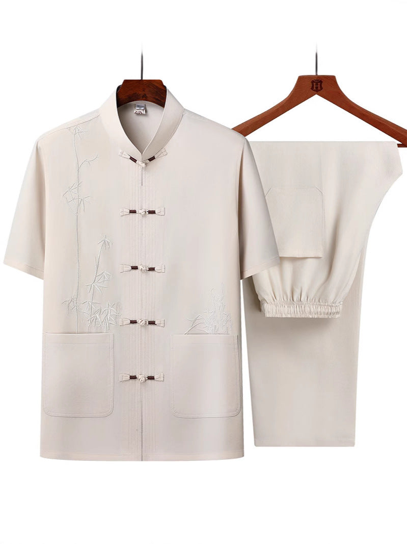 Middle-aged and elderly bamboo leaf short-sleeved shirt set