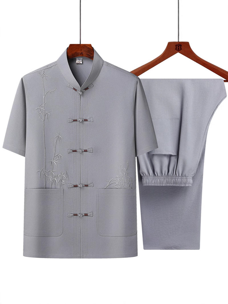 Middle-aged and elderly bamboo leaf short-sleeved shirt set
