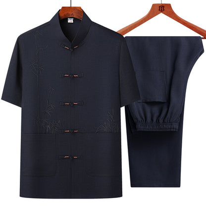 Middle-aged and elderly bamboo leaf short-sleeved shirt set