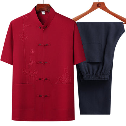 Middle-aged and elderly bamboo leaf short-sleeved shirt set