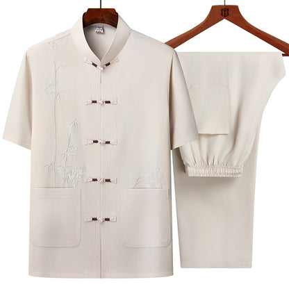 Middle-aged and elderly bamboo leaf short-sleeved shirt set