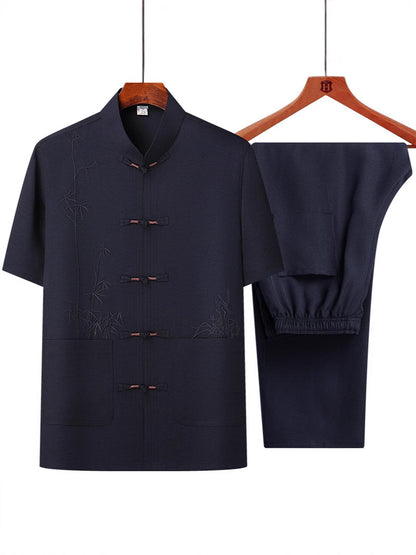 Middle-aged and elderly bamboo leaf short-sleeved shirt set