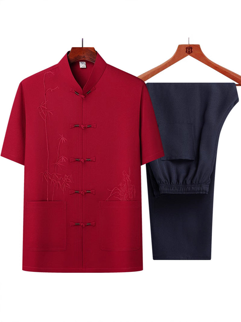 Middle-aged and elderly bamboo leaf short-sleeved shirt set