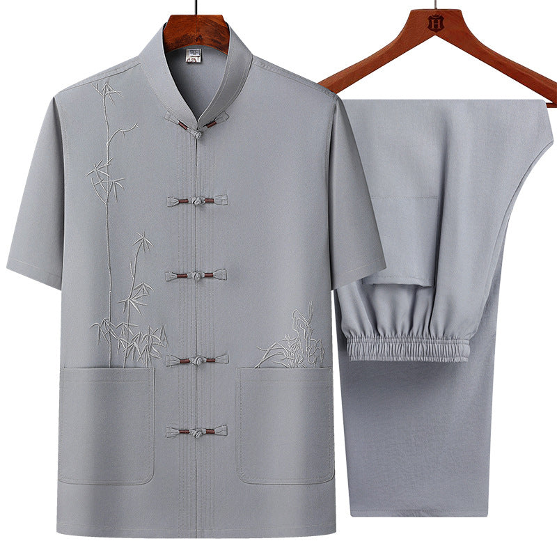 Middle-aged and elderly bamboo leaf short-sleeved shirt set