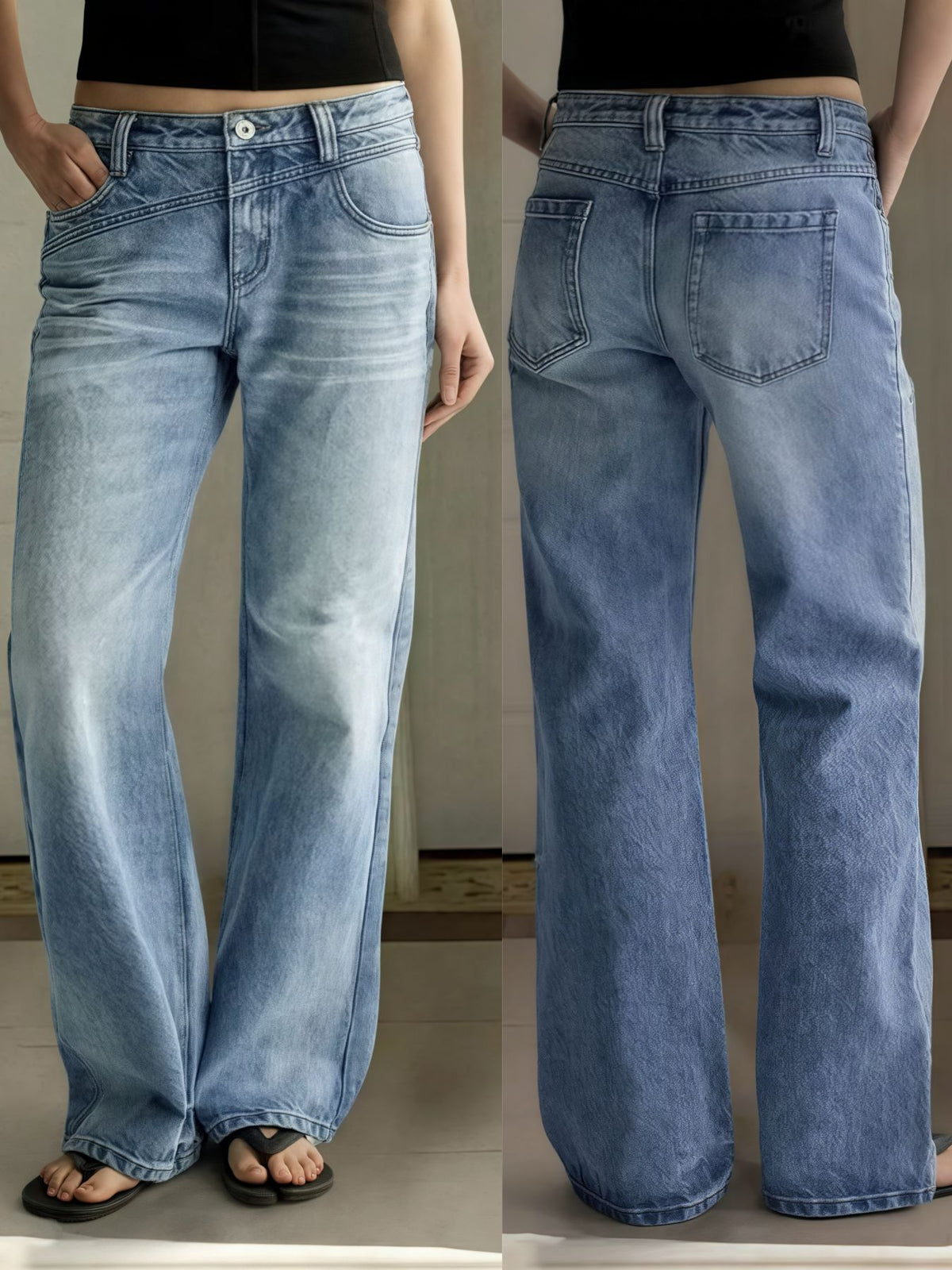 Midriff-length denim pants