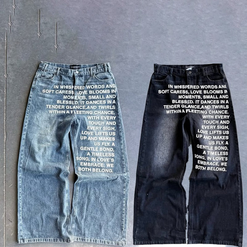 Millennial Men's Jeans Retro American Pattern Letter Jeans Streetwear Gothic Harajuku Hip Hop Male