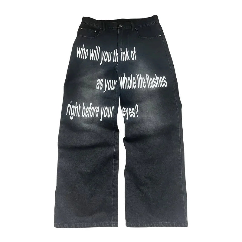 Millennial Men's Jeans Retro American Pattern Letter Jeans Streetwear Gothic Harajuku Hip Hop Male