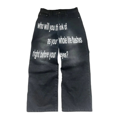 Millennial Men's Jeans Retro American Pattern Letter Jeans Streetwear Gothic Harajuku Hip Hop Male