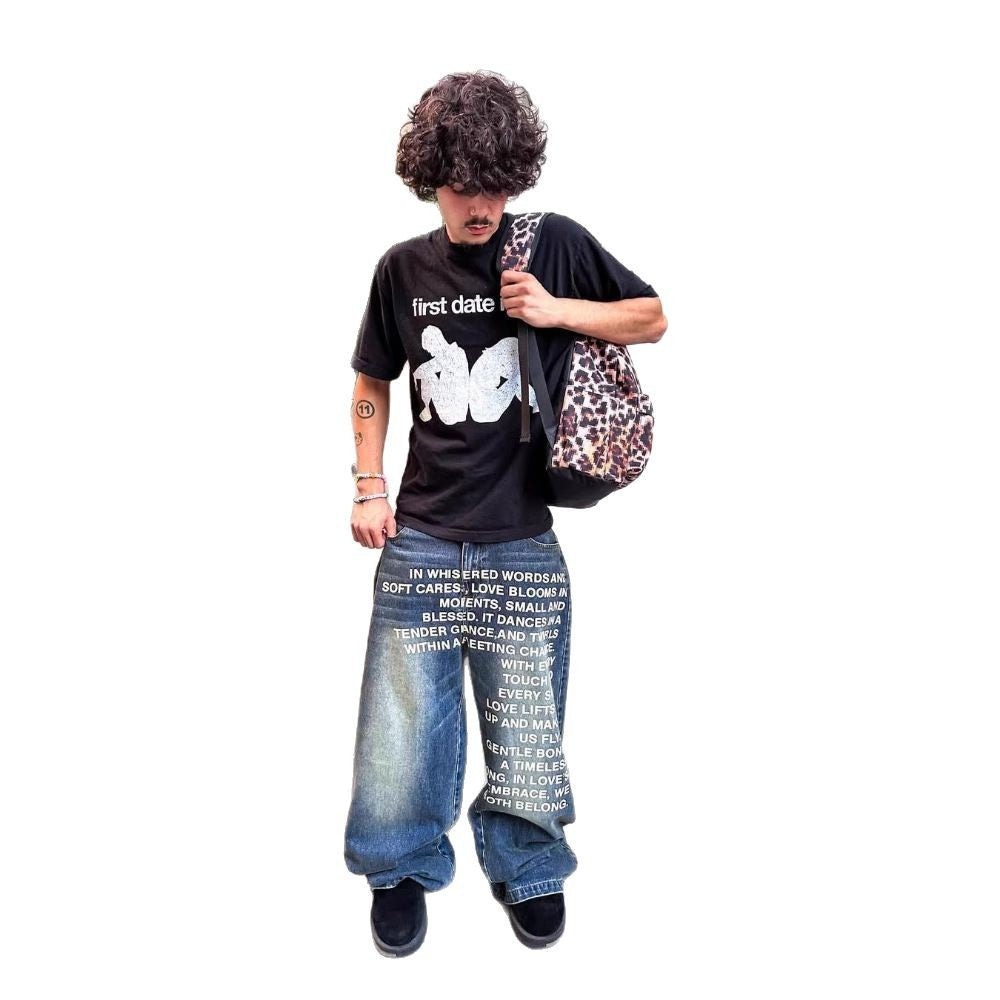Millennial Men's Jeans Retro American Pattern Letter Jeans Streetwear Gothic Harajuku Hip Hop Male