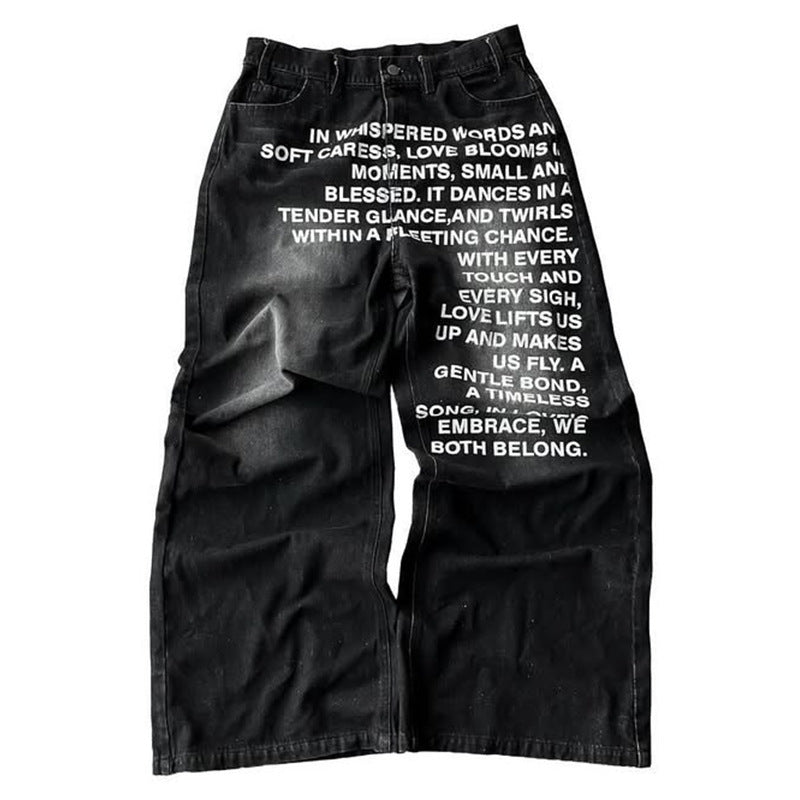 Millennial Men's Jeans Retro American Pattern Letter Jeans Streetwear Gothic Harajuku Hip Hop Male
